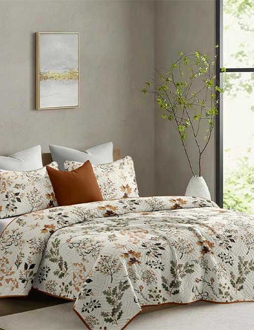 Colcha Paola Doble Vista Hojas Camel