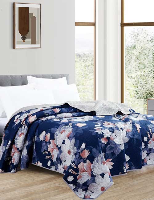 Colcha Rihanna Estampada Doble Vista Flores Gris Claro